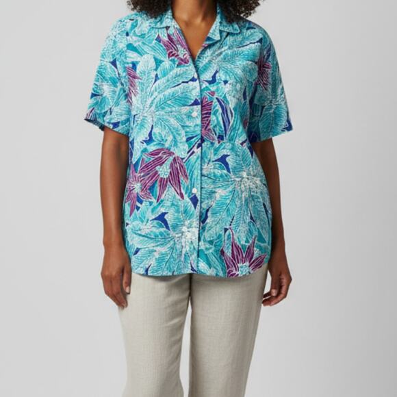 Sandra Ingrish Sport Vintage Hawaiian Blue Purple Shirt Womans Small Unisex - Picture 1 of 15